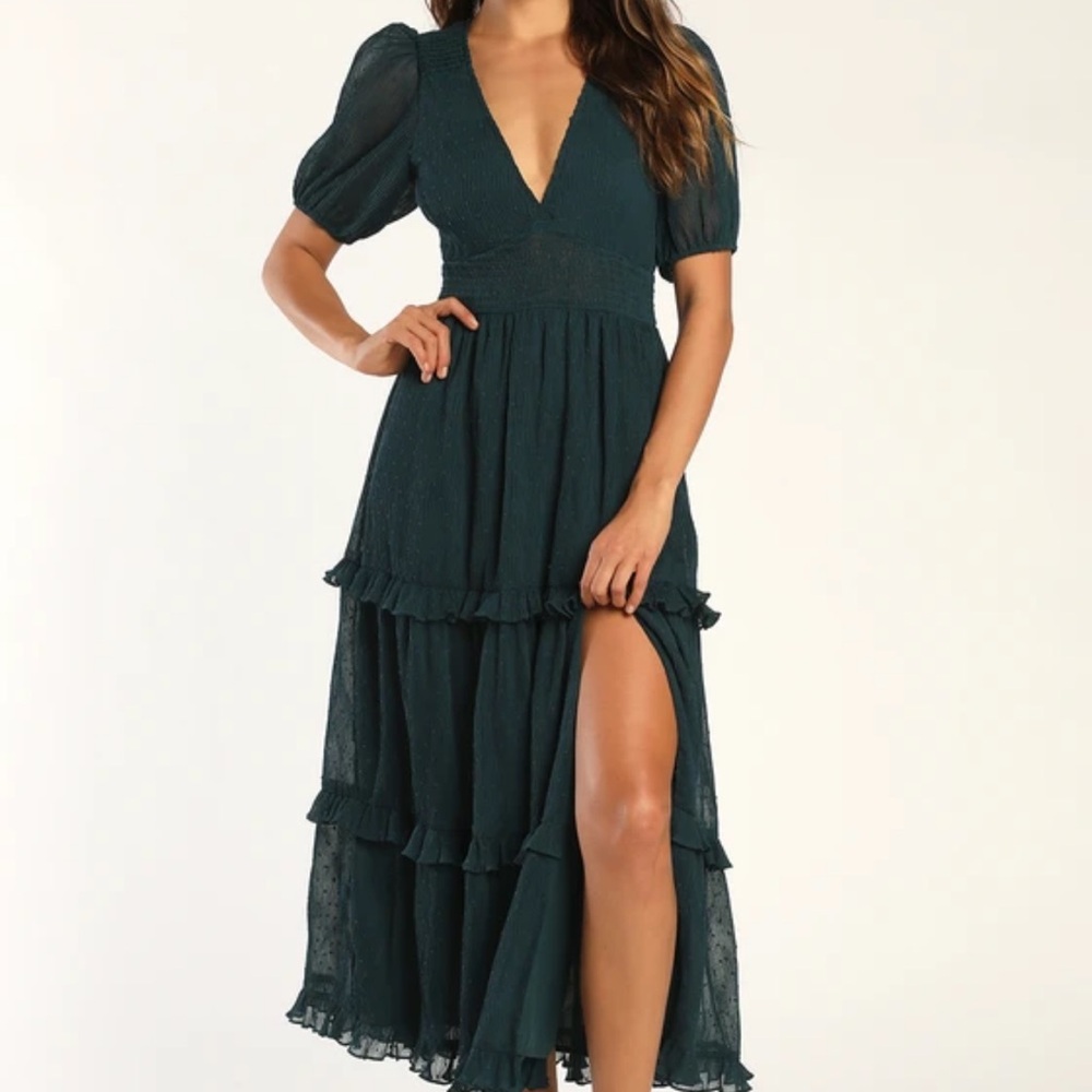 Lulus midi tier Swiss dot dress dark teal dress